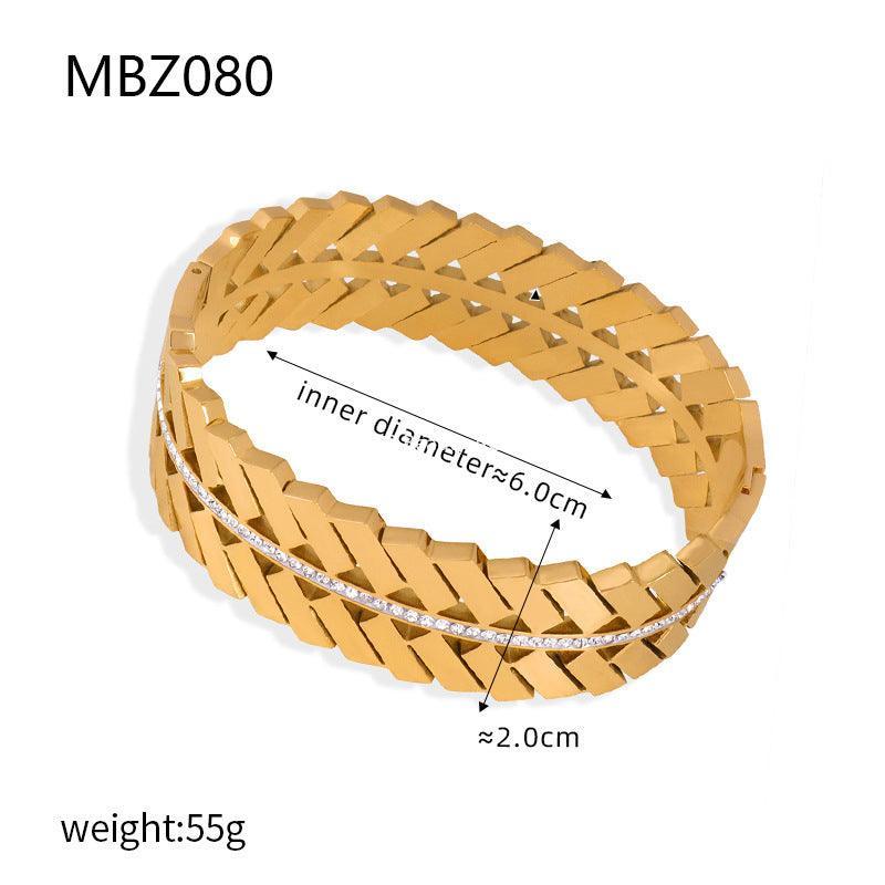 D관 - 럭셔리 기하학적 투각 큐빅 레트로 와이드 티타늄 스틸 18K 도금 팔찌 [Z077-81] 24.03-2