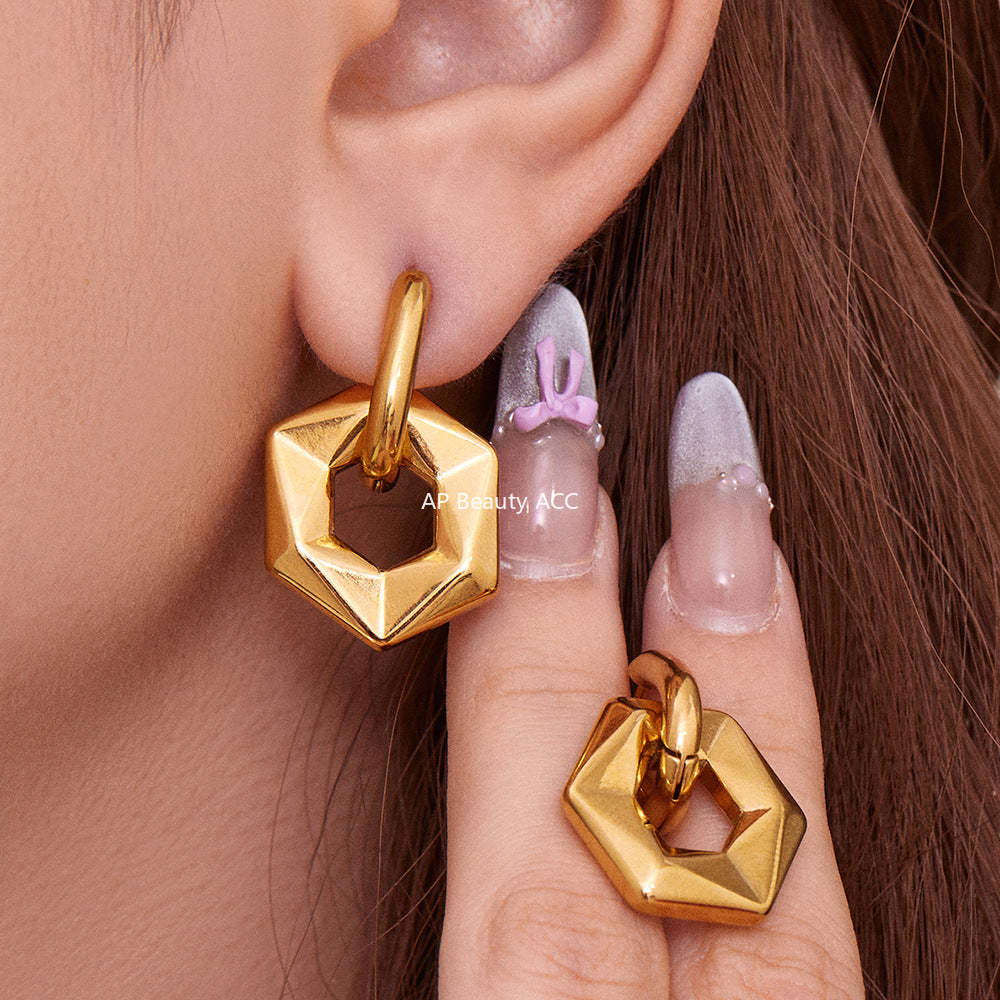 D관 - 스테인리스 18K 도금 비정형 육각형 펜던트 귀걸이 [F364] 25.10-5