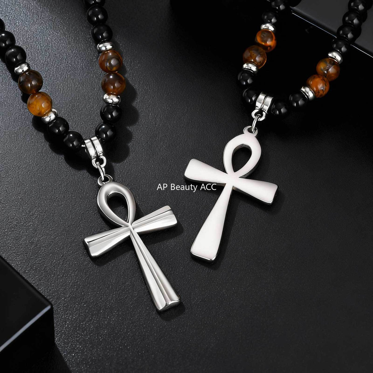 G관 - 스테인리스 스틸 십자가 펜던트 아크릴 호안석 비즈 목걸이 [NC-1700] 25.12-2
