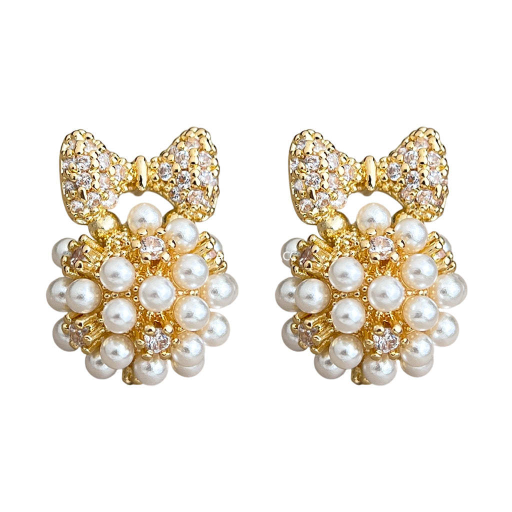 C관 - 리본 큐빅 진주 925 은침 귀걸이 [7204] 25.12-2