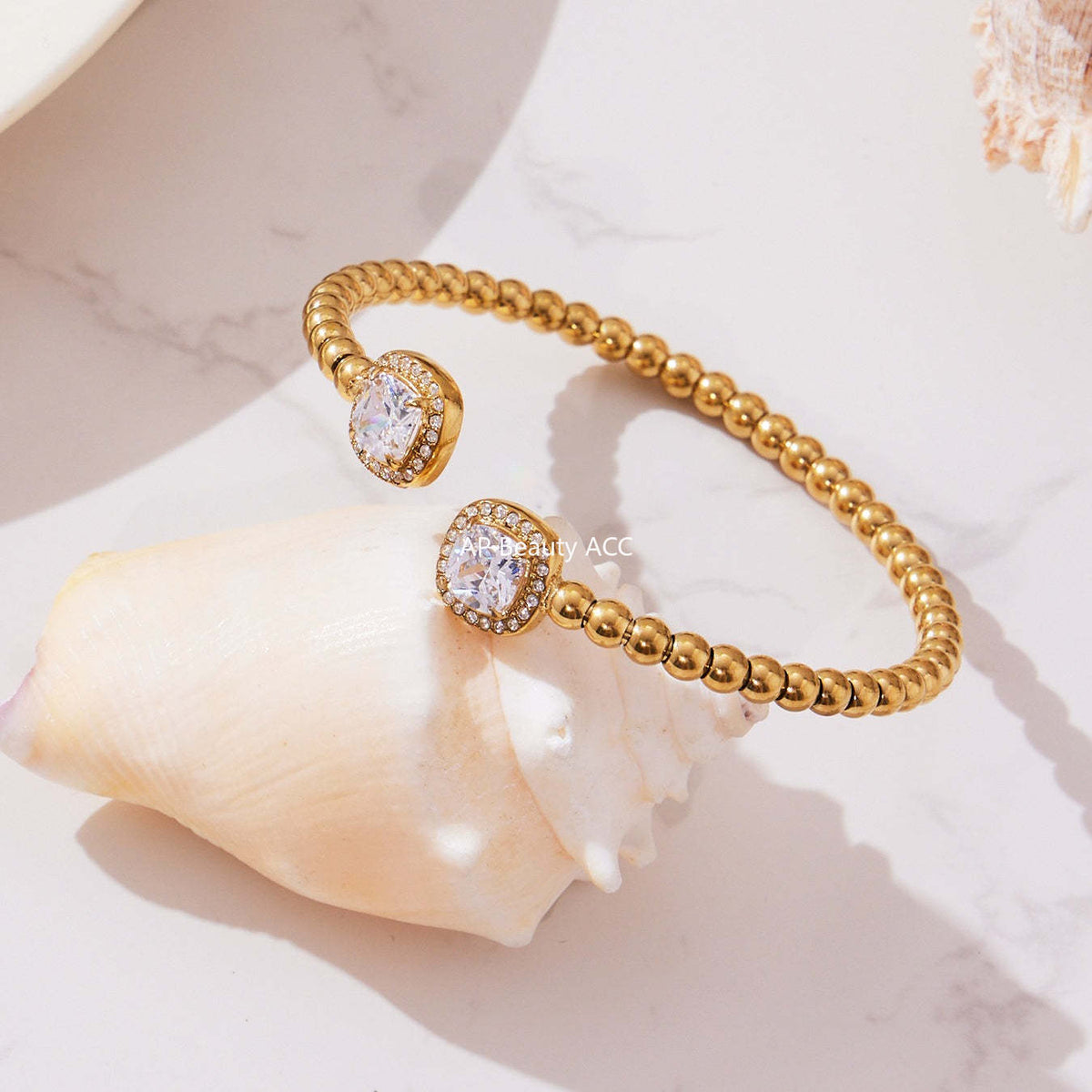 D관 - 스테인리스 18K 도금 큐빅 스틸볼 클로버 오픈형 팔찌 [Z503-Z504-Z505] 25.10-5