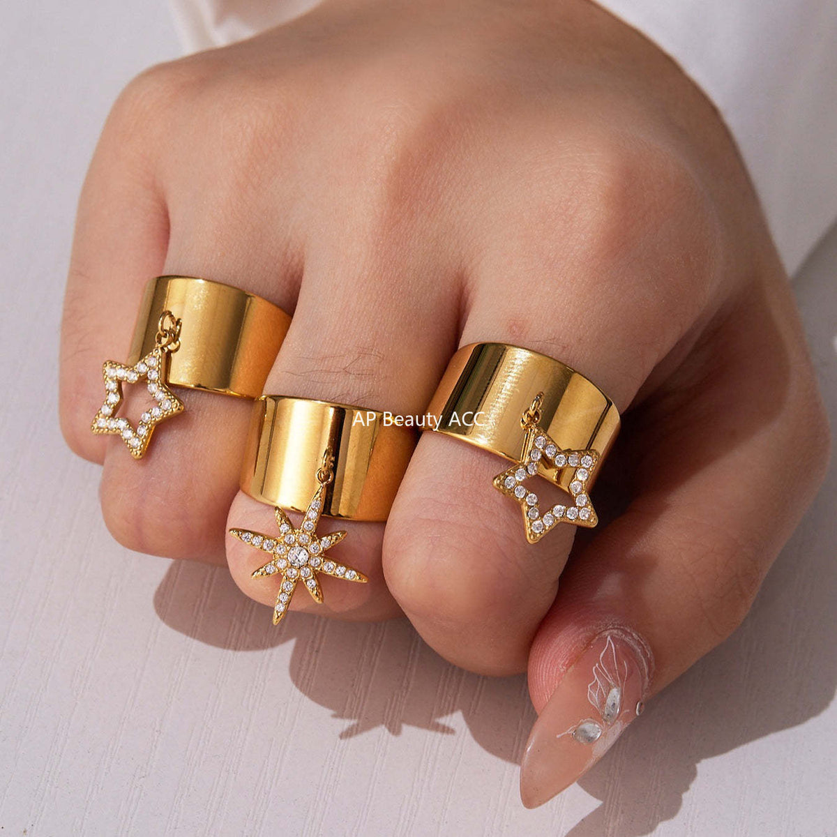 D관 - 스테인리스 스틸 와이드 별 큐빅 18K 골드 도금 오픈형 반지 [A074] 25.09-4