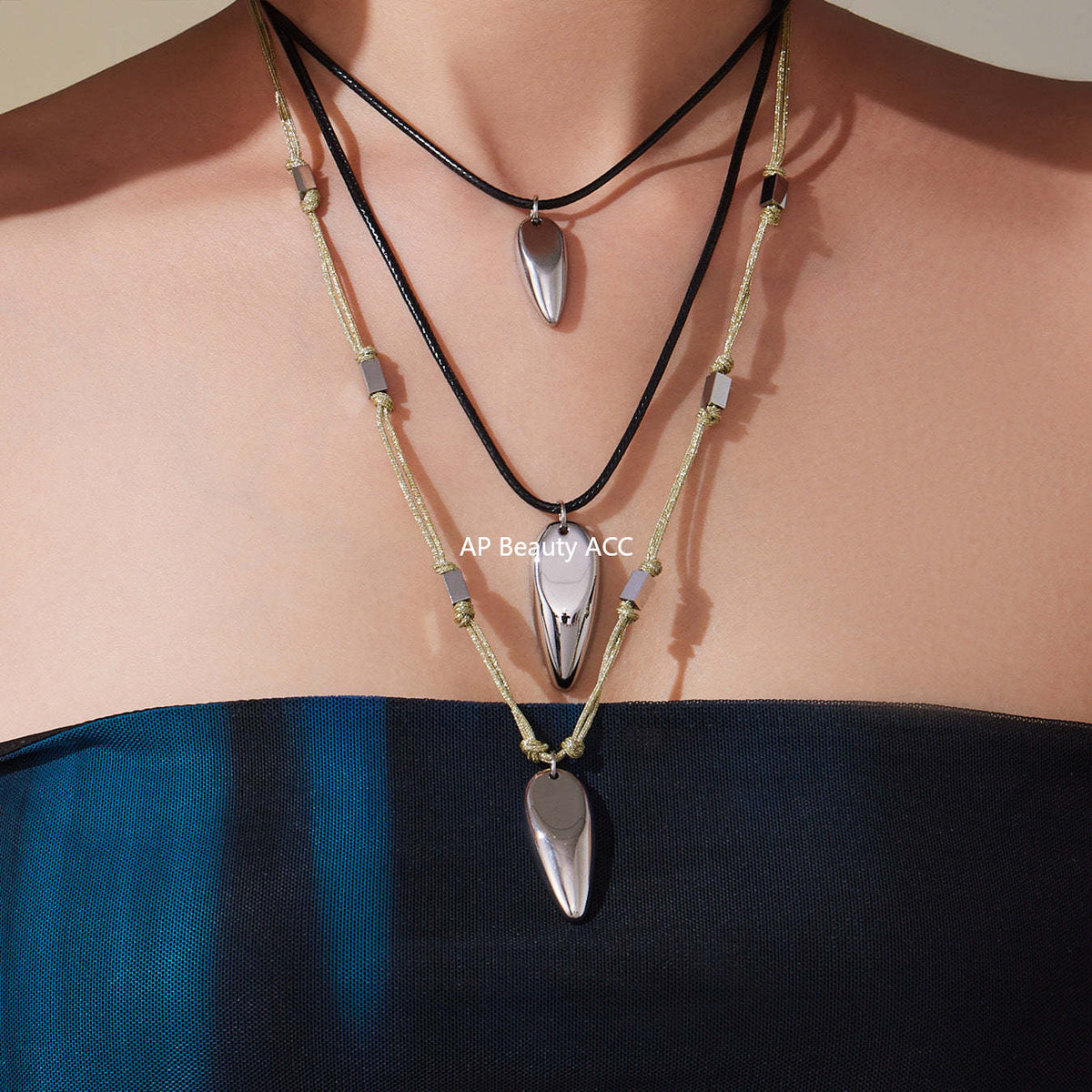 D관 - 스테인리스 스틸 왁스끈 물방울 펜던트 롱 목걸이 귀걸이 [TXP428-TXF428] 25.10-2