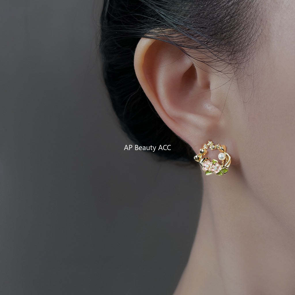 C관 - 925 은침 14K 도금 핸드페인팅 큐빅 진주 플라워 귀걸이 [6961] 25.10-4