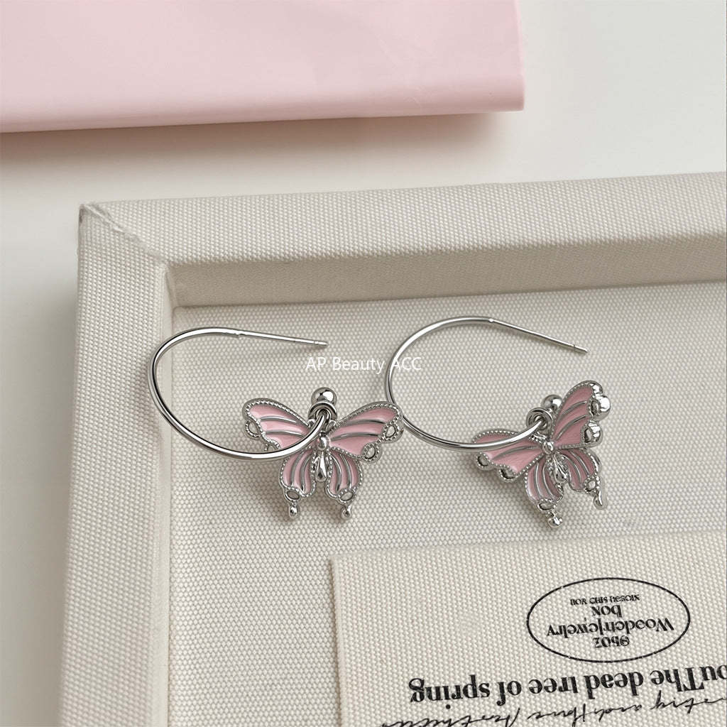 C관 - 핑크 버터플라이 러블리 오일코팅 은침 귀걸이 [5678] 25.03-1