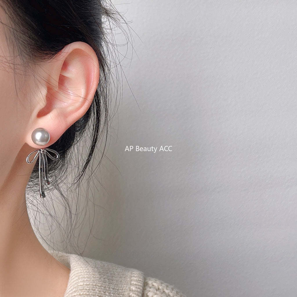 C관 - 진회색 진주 리본 디자인 2-way 착용 은침 귀걸이 [3561] 24.01-2