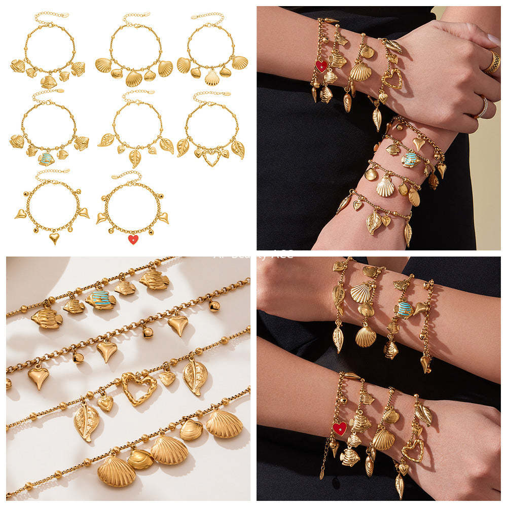 D관 - 스테인리스 스틸 조개 나뭇잎 하트 디자인 펜던트 팔찌 [E685] 25.10-4