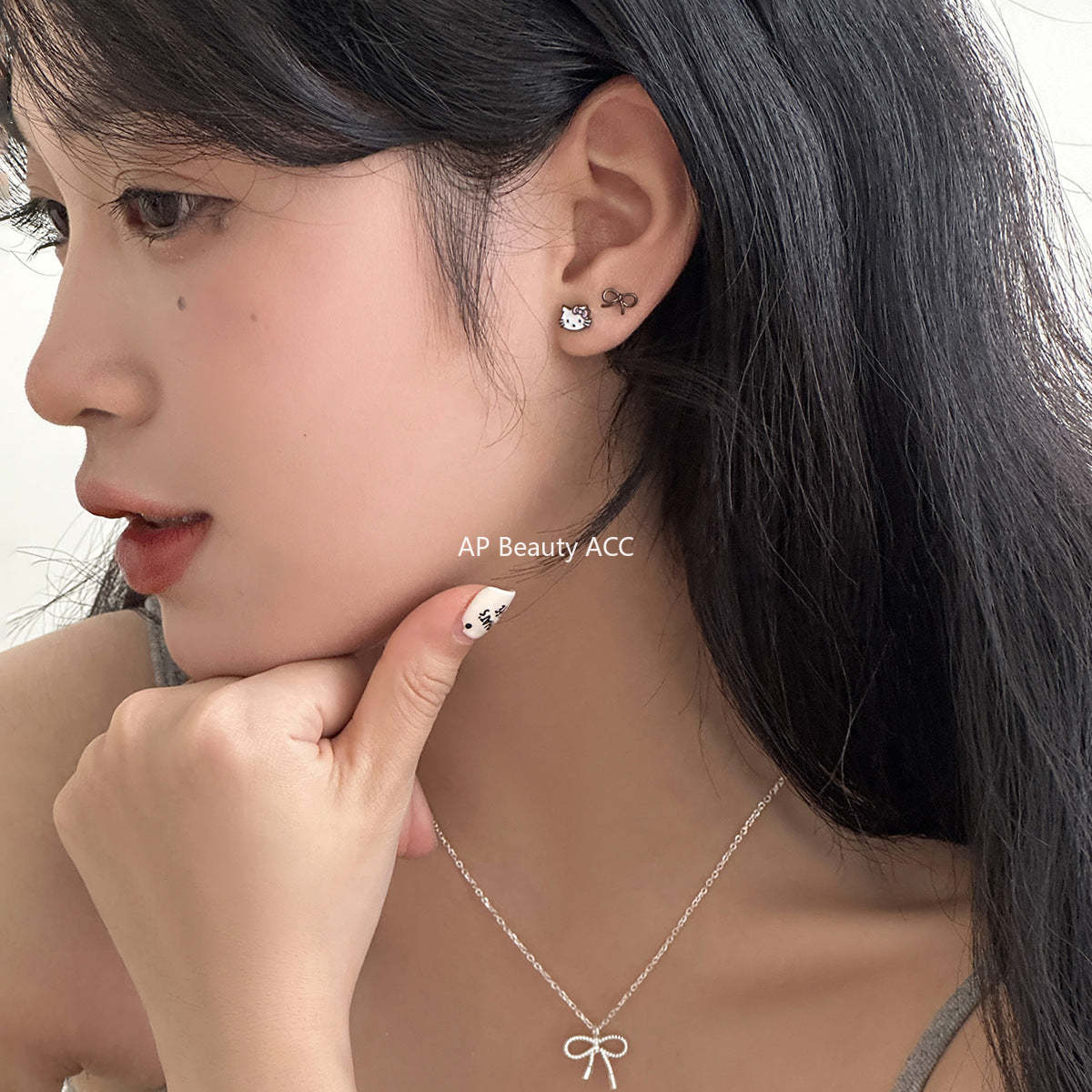 A관 - 귀여운 캐릭터 고양이 리본 은침 귀걸이 [EH-3084] 24.08-2