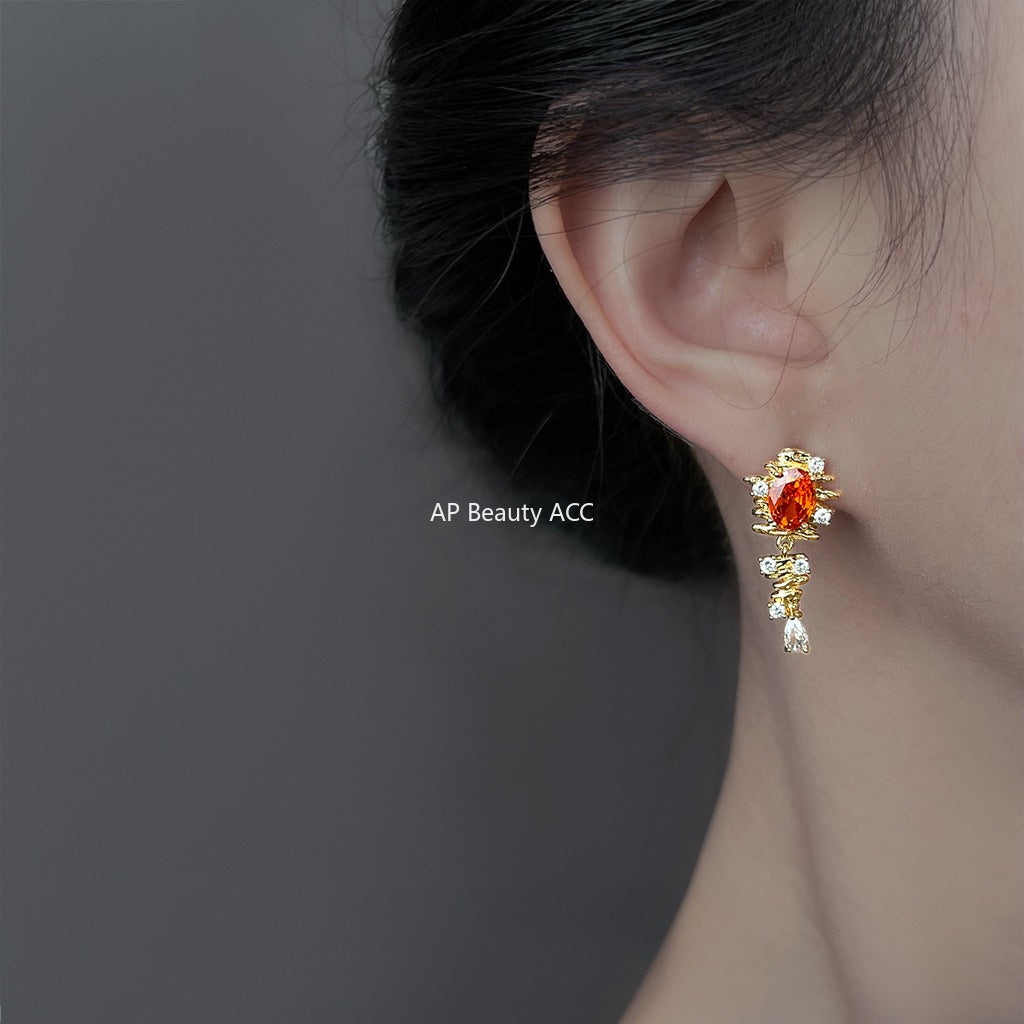 C관 - 핸드메이드 925 은침 오렌지 레드 큐빅 빈티지 귀걸이 [6896] 25.10-2