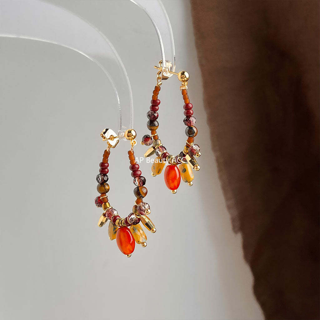 C관 - 925 은침 핸드메이드 글라스 천연석 호안석 홍마노 귀걸이 [6969] 25.10-5