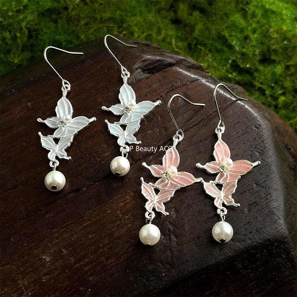 C관 - 버터플라이 롱 드롭 태슬 글래스 진주 귀걸이 [5704-5705] 25.03-2