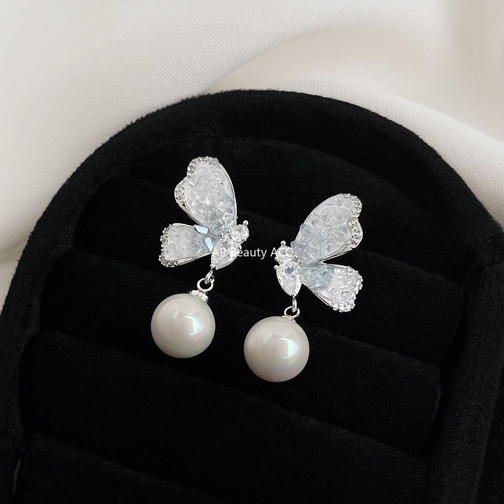 C관 - 그라데이션 블루 나비 진주 글래스 큐빅 925 은침 귀걸이 [5833] 25.04-2