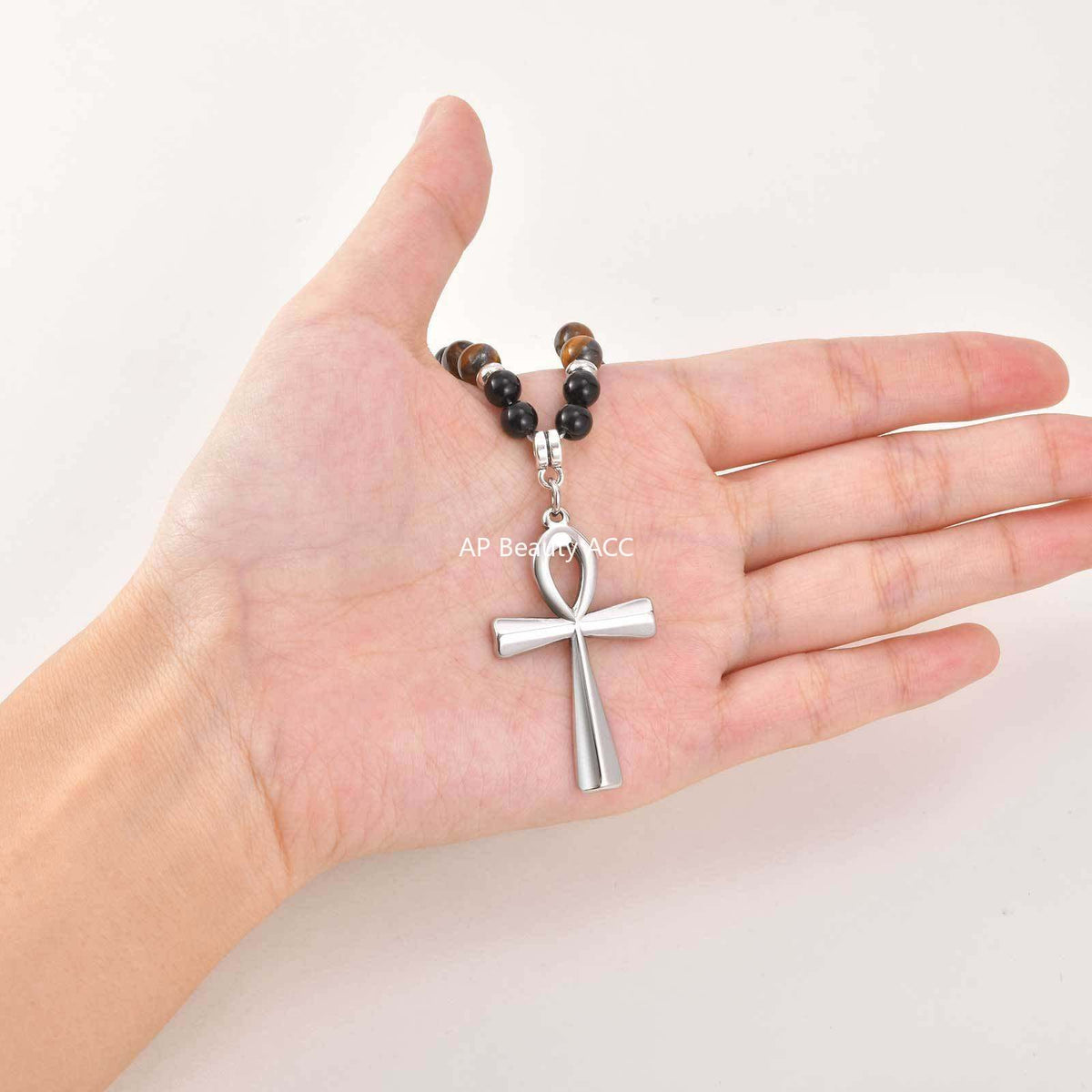 G관 - 스테인리스 스틸 십자가 펜던트 아크릴 호안석 비즈 목걸이 [NC-1700] 25.12-2