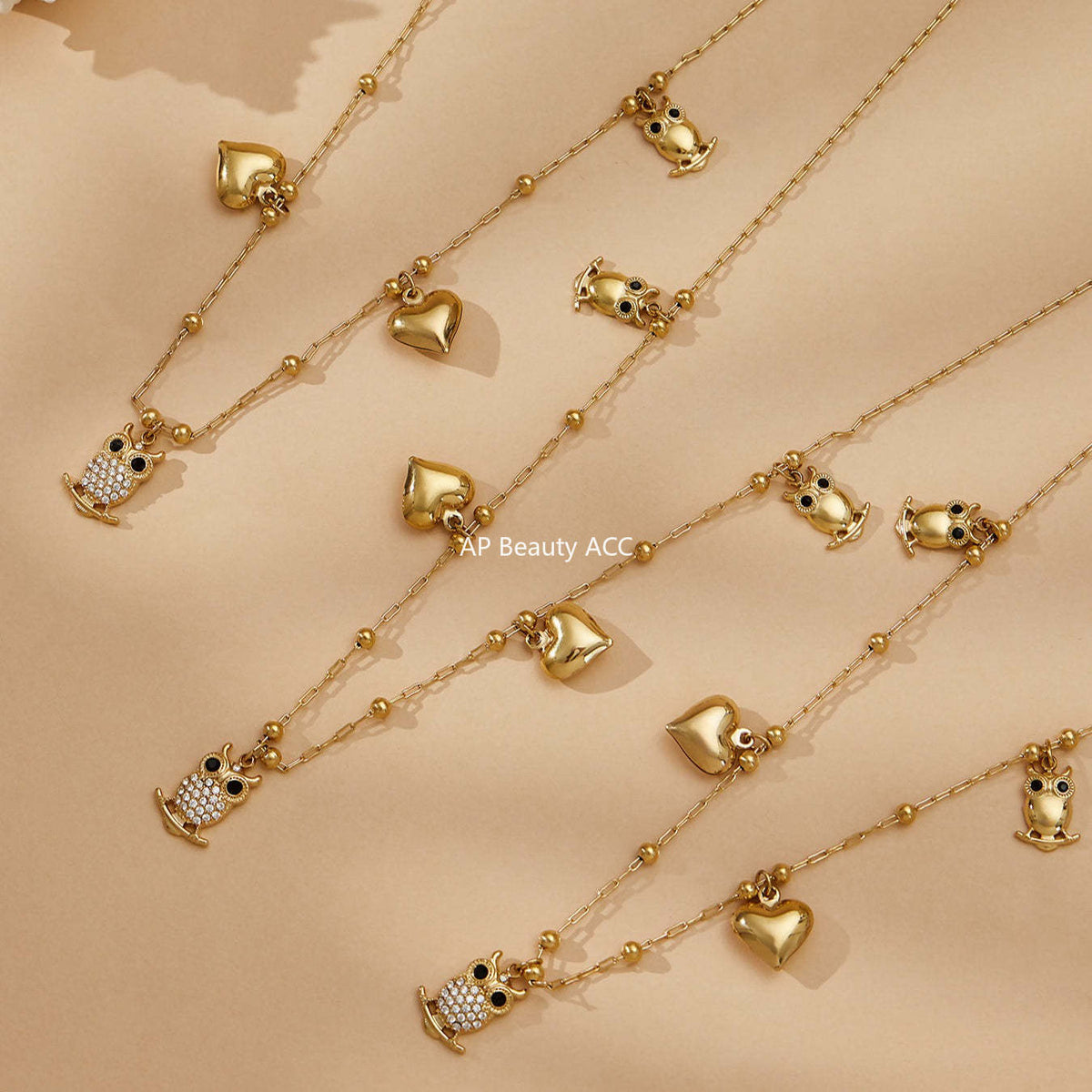 D관 - 스테인리스 스틸 18K 도금 부엉이 하트 큐빅 펜던트 목걸이 팔찌 [TXP528] 25.12-3