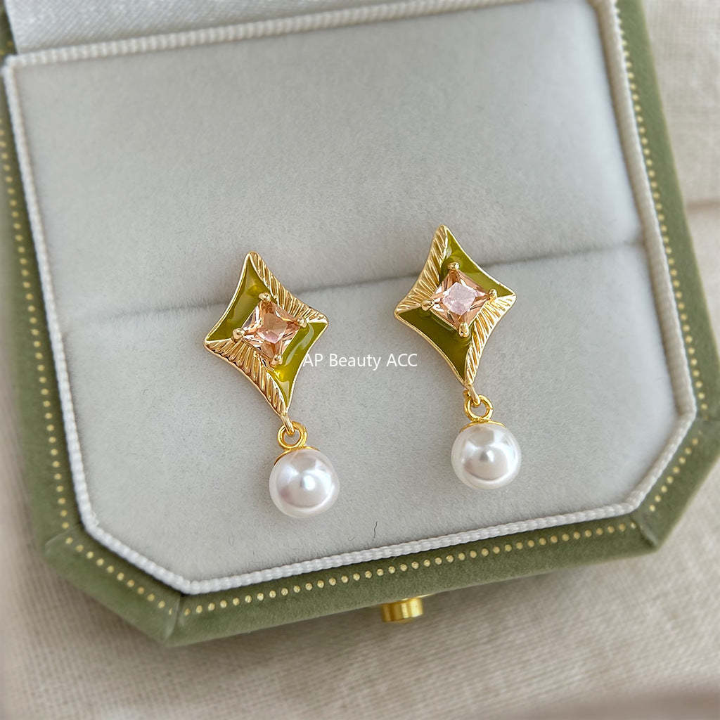 C관 - 925 은침 다이아몬드 모양 큐빅 진주 귀걸이 [7216] 25.12-3