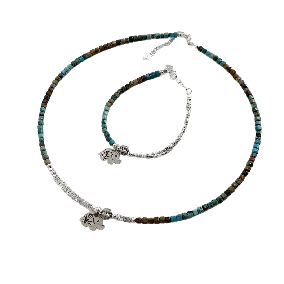 A관 - 925 실버 핸드메이드 터키석 실버 파편 코끼리 팔찌 목걸이 [1278] 25.10-2