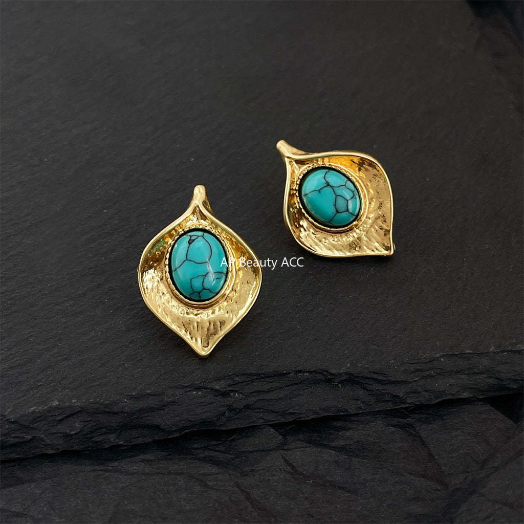 C관 - 14K 도금 잎 디자인 합성 터키석 귀걸이 [5032] 25.03-2