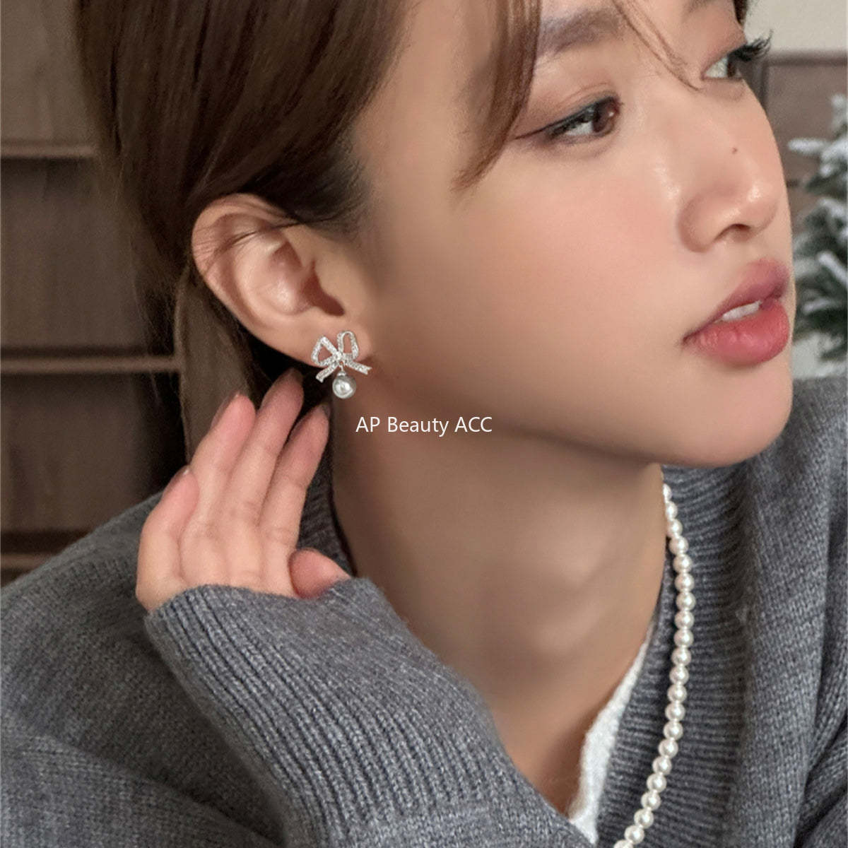 A관 - 925 은침 풀 다이아 큐빅 리본 진주 귀걸이 [EH-3518] 24.11-5