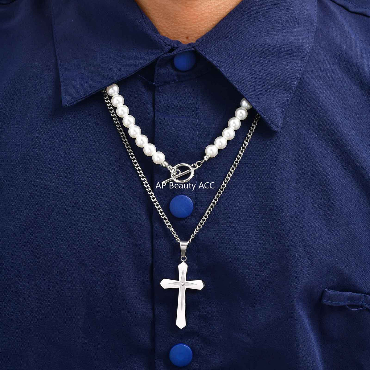 G관 - 스테인리스 스틸 큐빅 십자가 펜던트 진주 목걸이 [PN-2238] 25.10-4