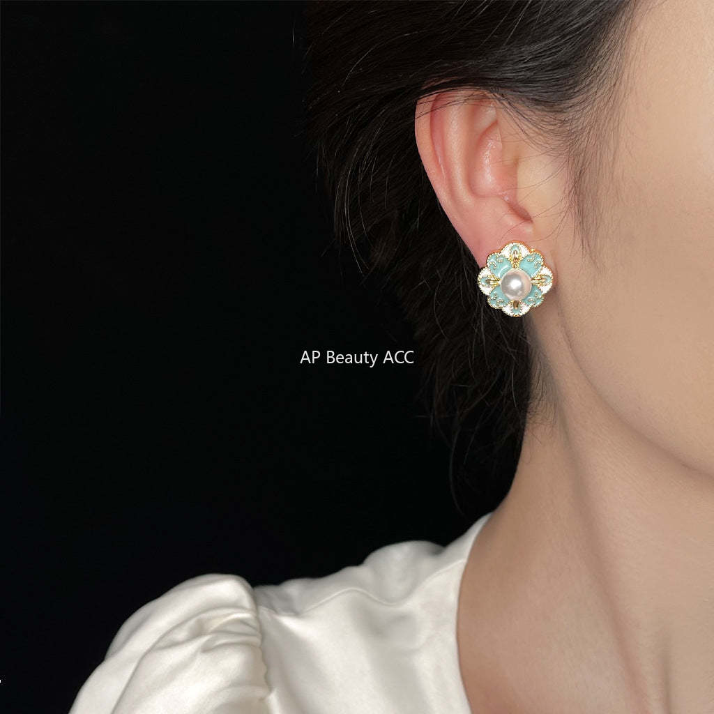 C관 - 블루 문양 진주 오일 코팅 925 은침 귀걸이 [6237] 25.06-2