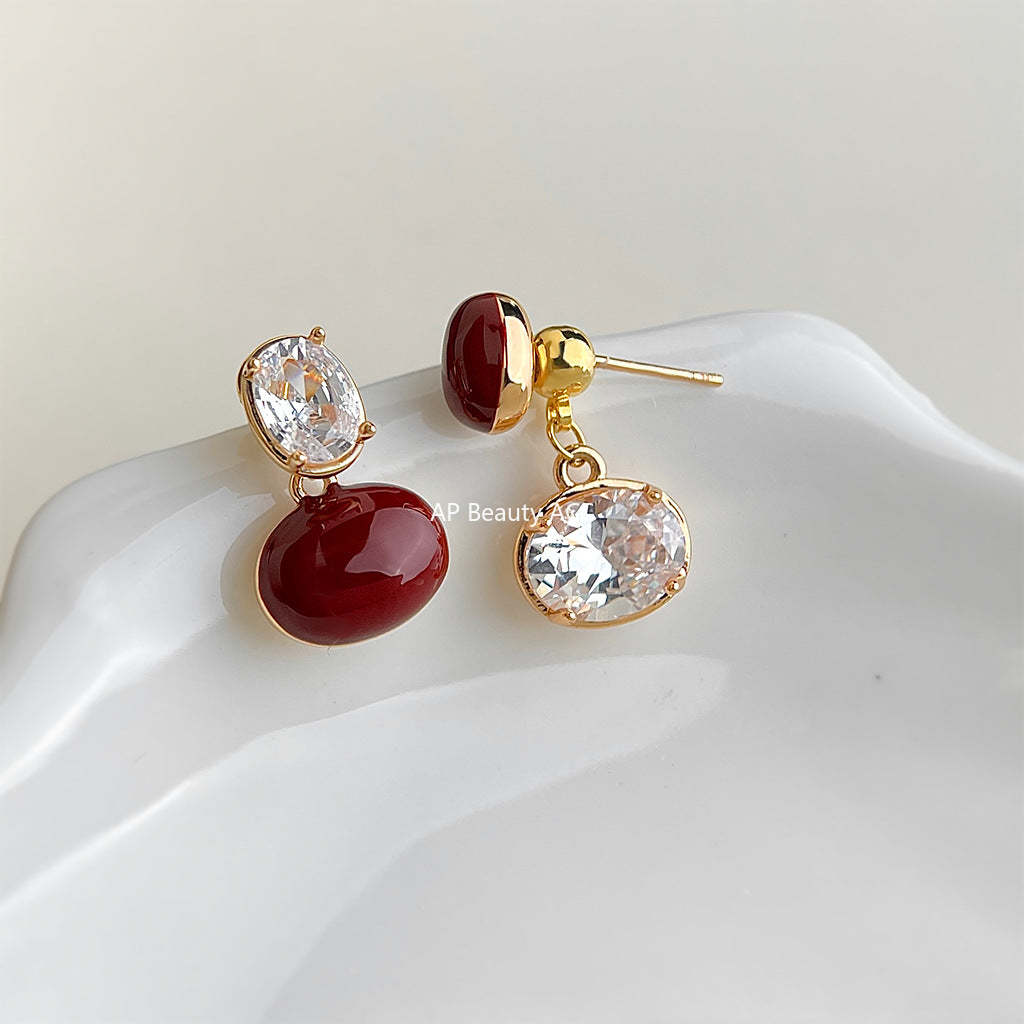 C관 - 와인 레드 큐빅 비대칭 925 은침 귀걸이 [7227] 25.12-2