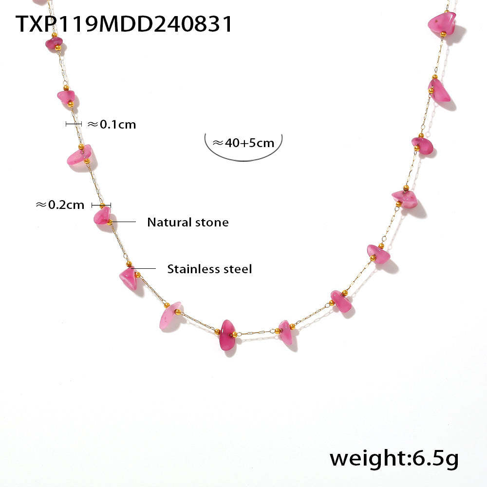 D관 - 보헤미안 핑크 천연석 수공예 스테인리스 스틸 캐주얼 럭셔리 목걸이 팔찌 [TXP119-TXE119] 24.09-1