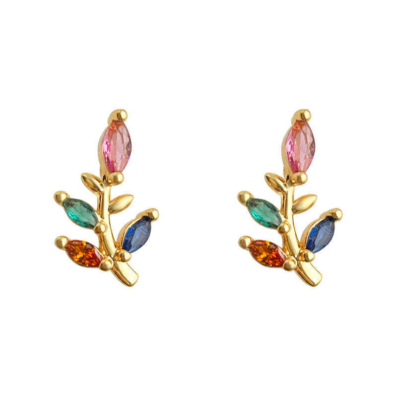 C관 - 미니 나뭇잎 디자인 컬러 큐빅 14K 도금 귀걸이 [5682] 25.03-2