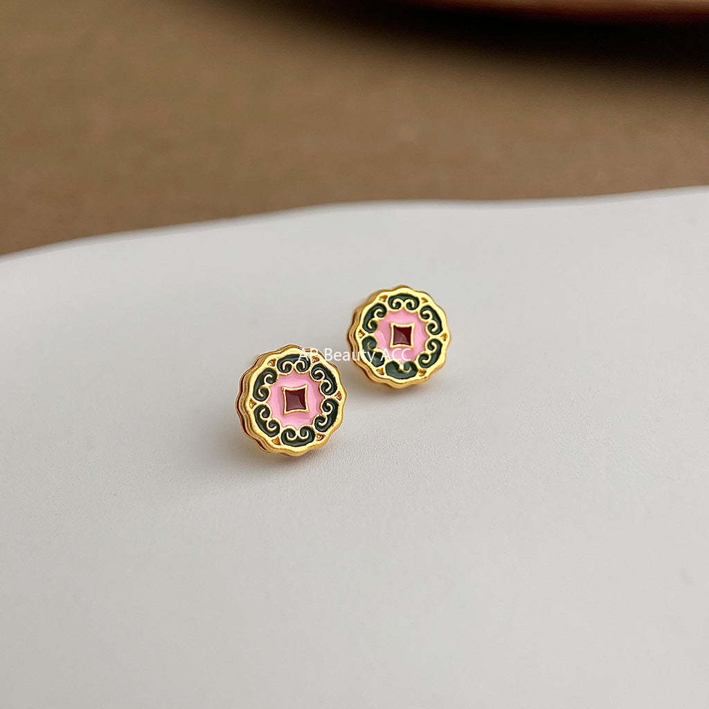 C관 - 14K 도금 925 은침 오일 페인팅 원형 귀걸이 [5452] 25.02-2