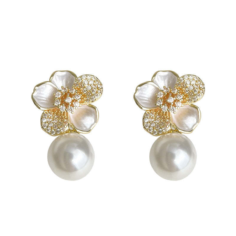 C관 - 14K 도금 큐빅 진주 플라워 은침 귀걸이 [5921] 25.04-4