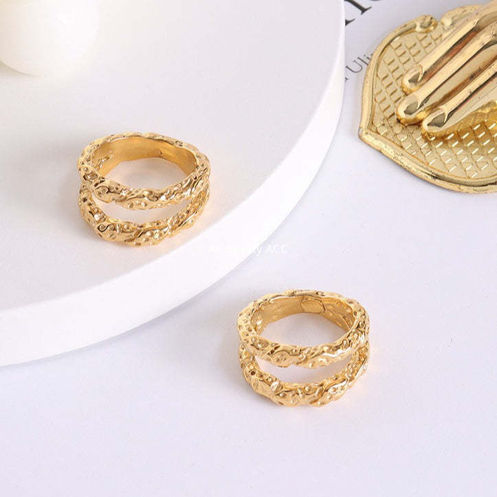 D관 - 더블 레이어 펀칭 디자인 티타늄 스틸 18K 도금 반지 [A225] 25.09-4