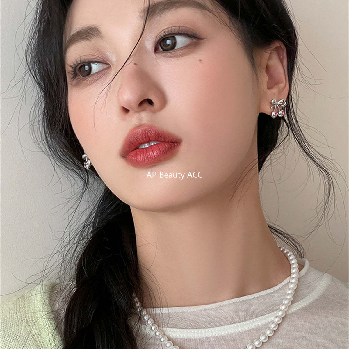 A관 - 925 은침 리본 핑크 큐빅 체리 귀걸이 [EH-2880] 24.05-3