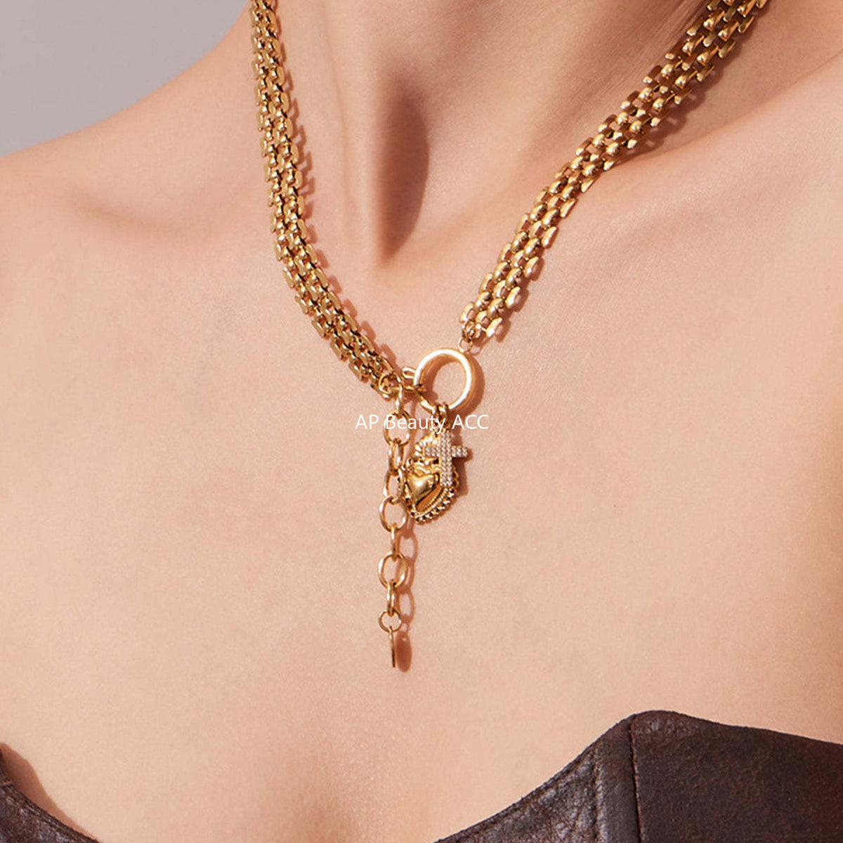 D관 - 하트 풀큐빅 펜던트 체인 스테인리스 스틸 목걸이 팔찌 [TXP476] 25.11-3