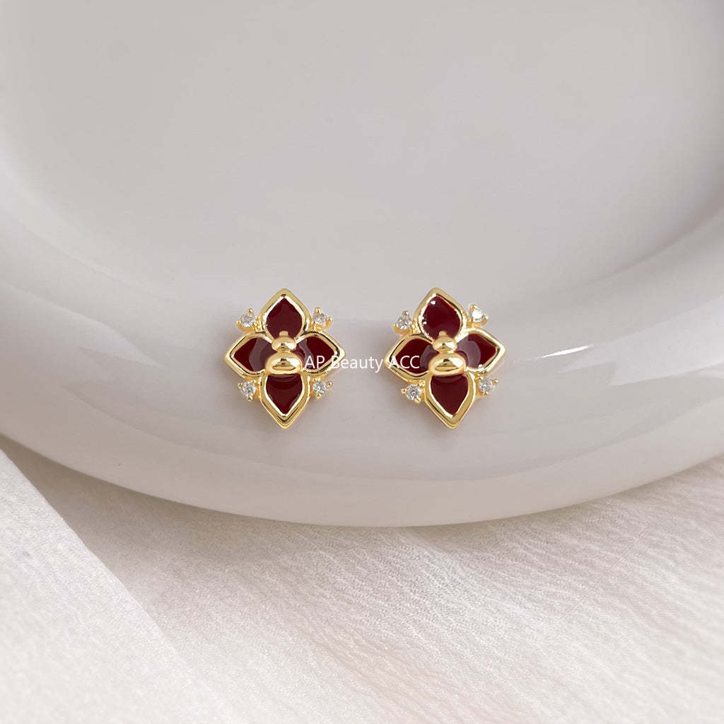 C관 - 925 은침 핸드페인팅 미니 큐빅 호리병 클로버 디자인 귀걸이 [6988] 25.10-5