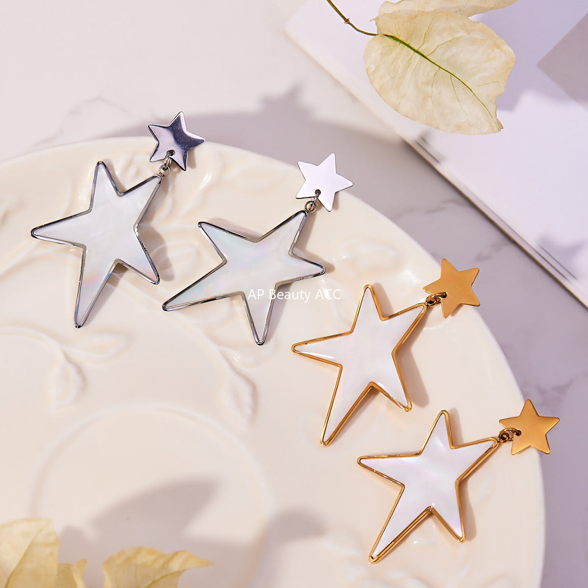 D관 - 스테인리스 18K 도금 천연 자개 대형 오각별 반지 귀걸이 [TXF460] 25.11-1