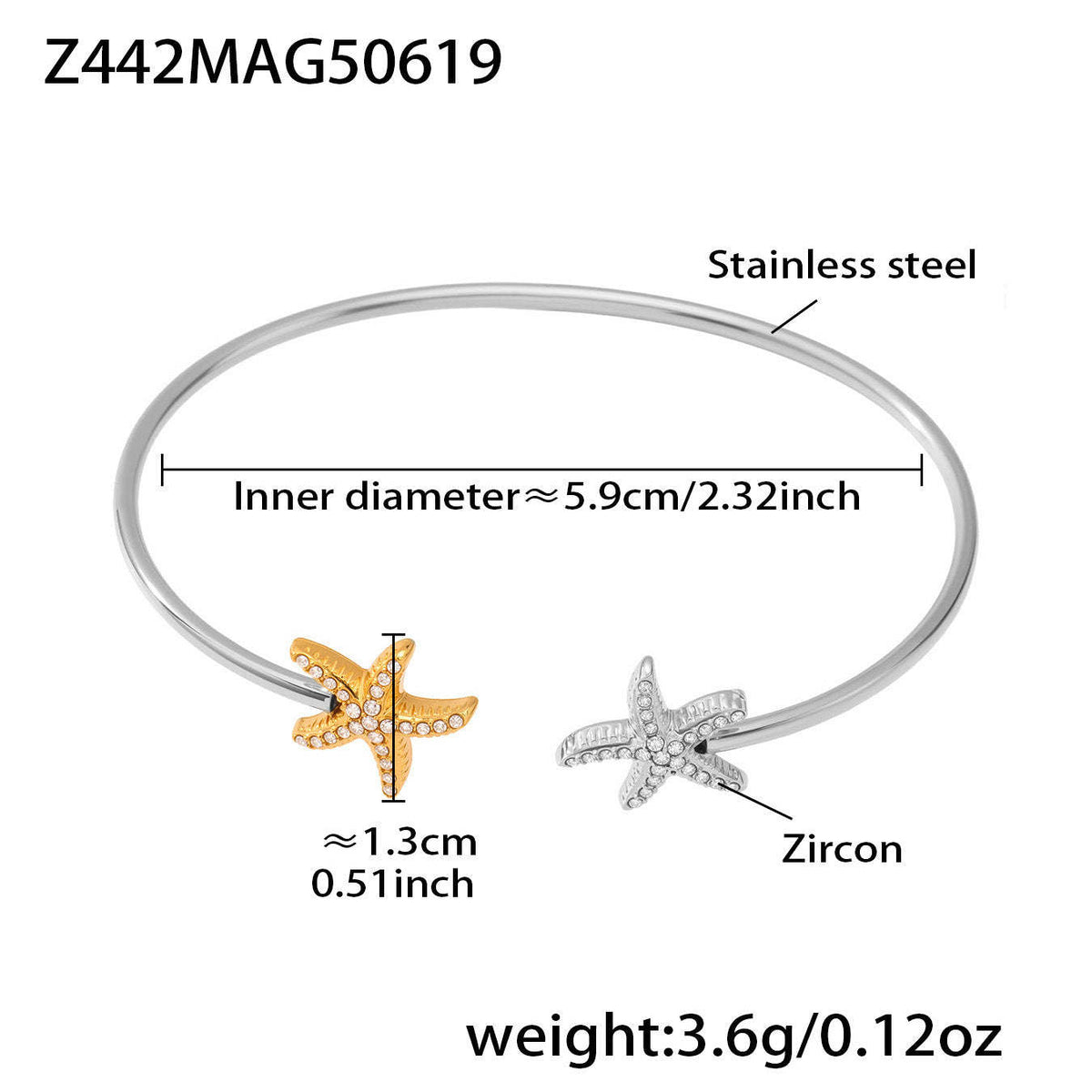 D관 - 18K 도금 스테인리스 스틸 큐빅 물고기 불가사리 오픈형 팔찌 [Z440-Z441] 25.06-4