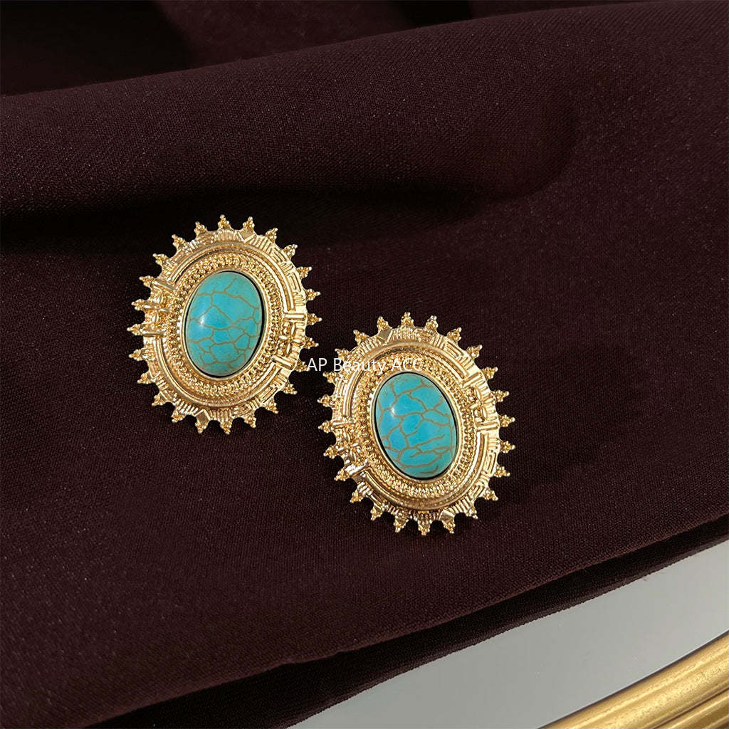 C관 - 합성 터키석 기하학 오벌 빈티지 14K 도금 은침 귀걸이 [4313] 24.07-1