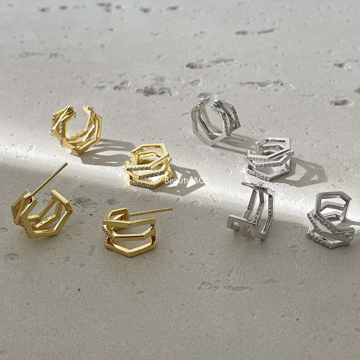 A관 - 멀티 레이어 큐빅 925 은침 스터드 이어커프 귀걸이 [EH-4292] 25.12-3