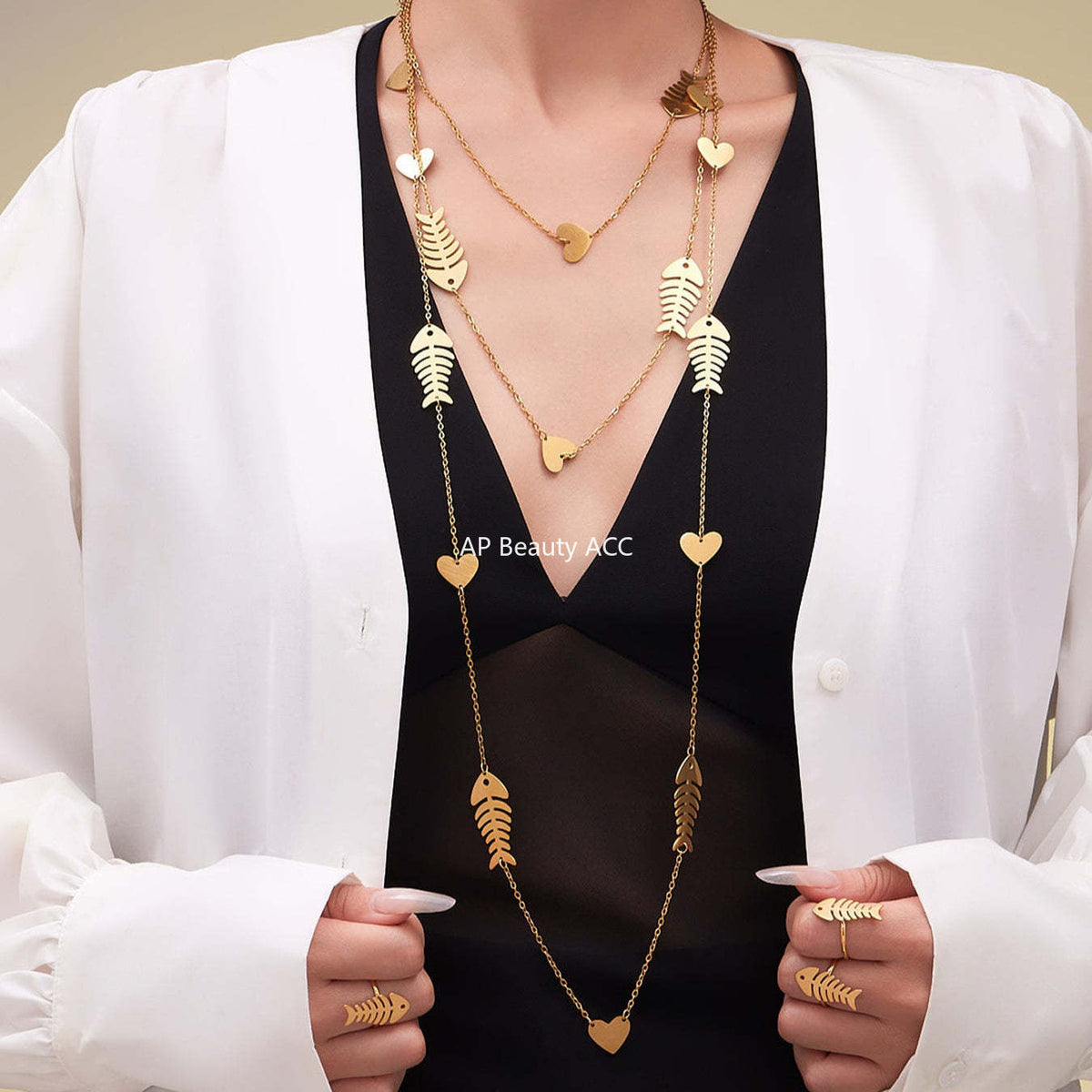 D관 - 스테인리스 18K 도금 물고기뼈 하트 디자인 목걸이 귀걸이 반지 [TXP459] 25.10-5