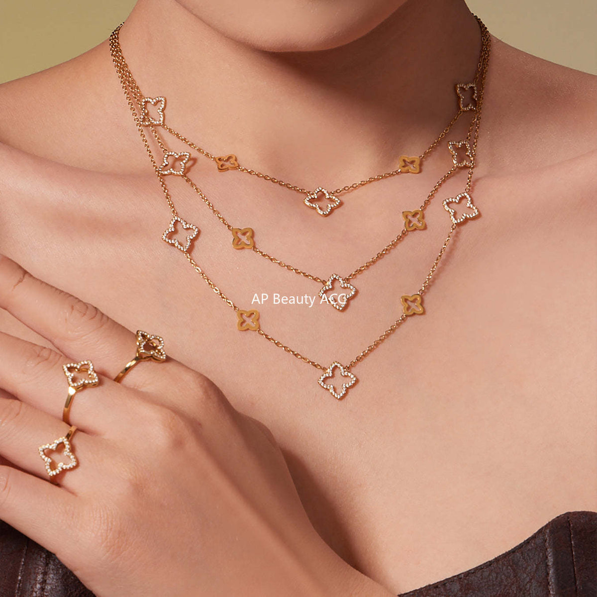 D관 - 스테인리스 스틸 클로버 플라워 풀큐빅 18K 도금 목걸이 귀걸이 반지 [TXP505] 25.12-1