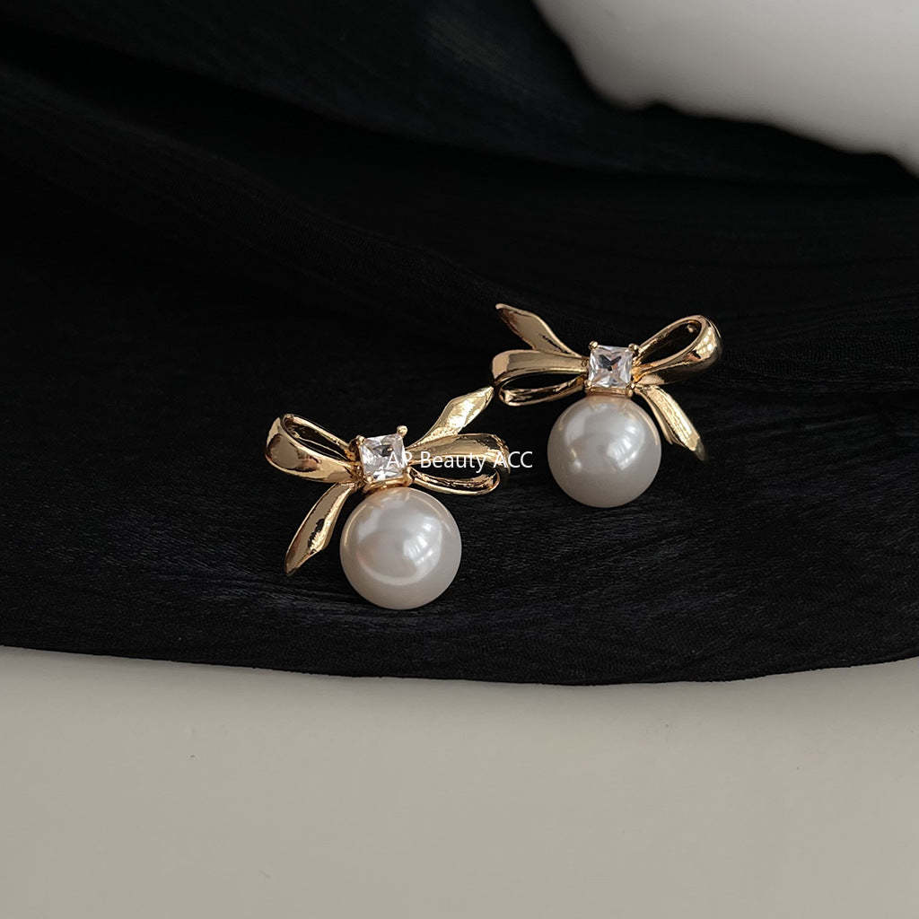 C관 - 글라스 진주 큐빅 나비 14K 도금 리본 심플 귀걸이 [4489-4490] 24.07-3