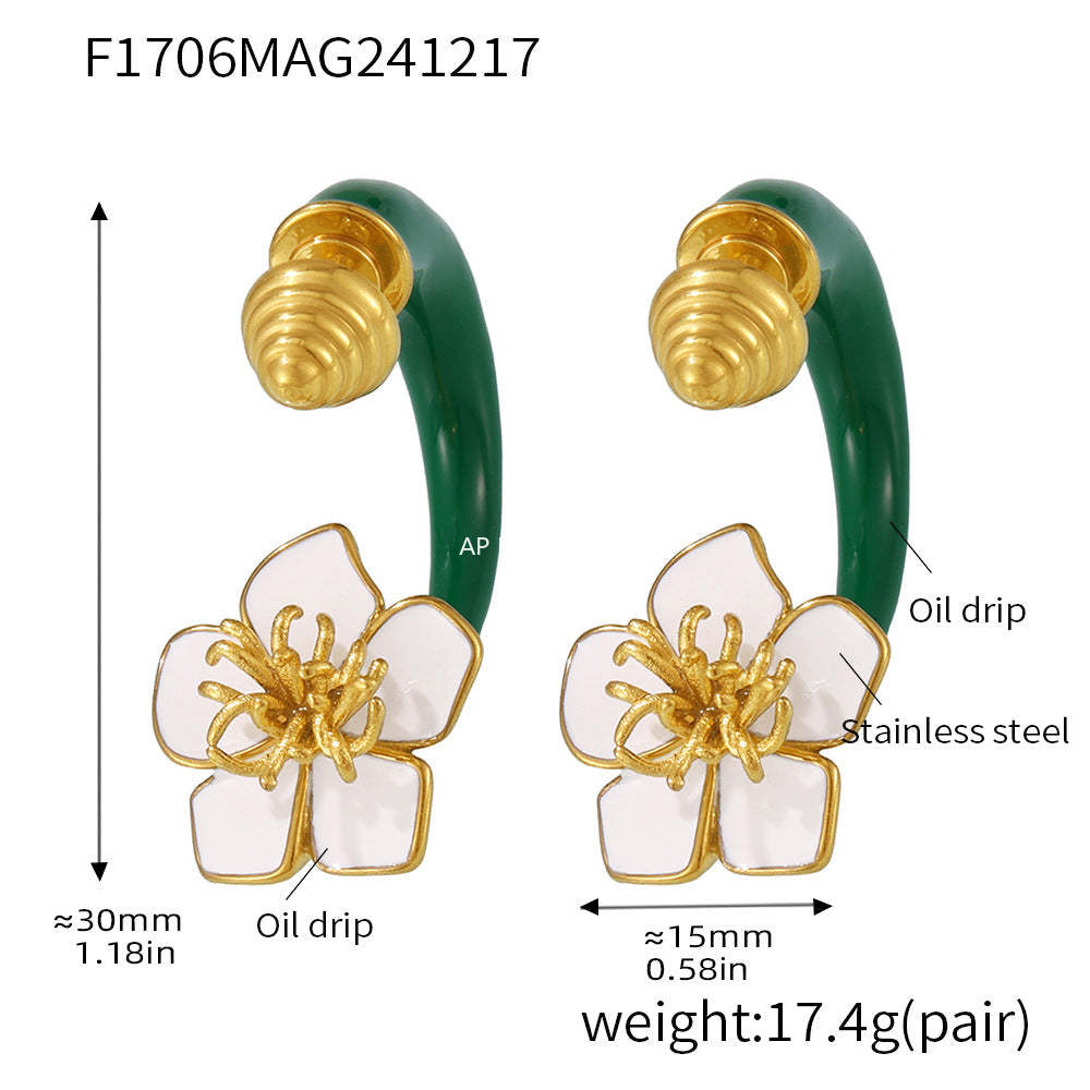 D관 - 스테인리스 스틸 18K 골드 도금 나선 패턴 오일 코팅 동백꽃 플라워 귀걸이 [F1706] 24.12-3