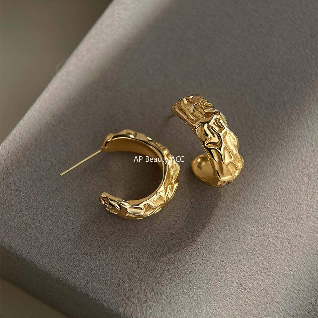 C관 - 텍스처 패턴 반원형 18K 도금 925 은침 귀걸이 [5761] 25.03-4