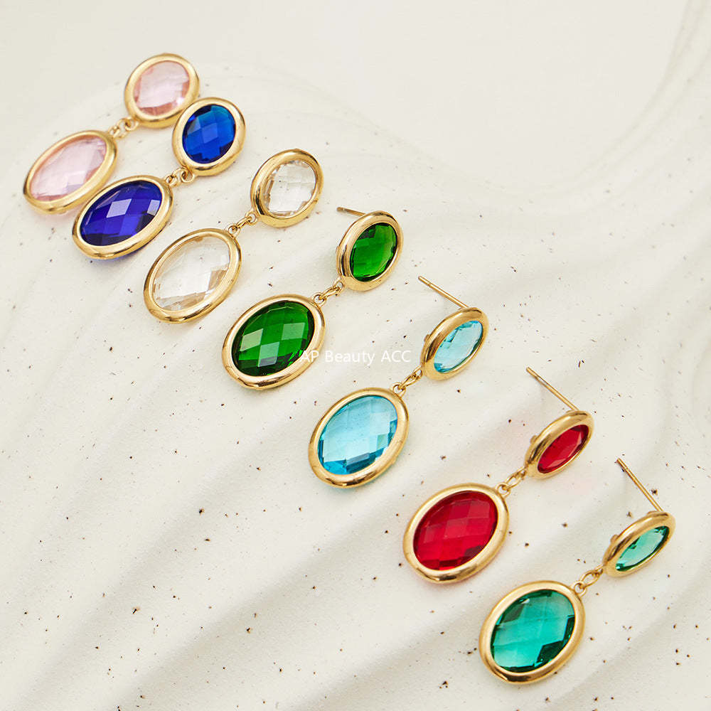 D관 - 스테인리스 스틸 18K 도금 타원 컷팅 글라스 스톤 펜던트 귀걸이 [F957] 25.12-1