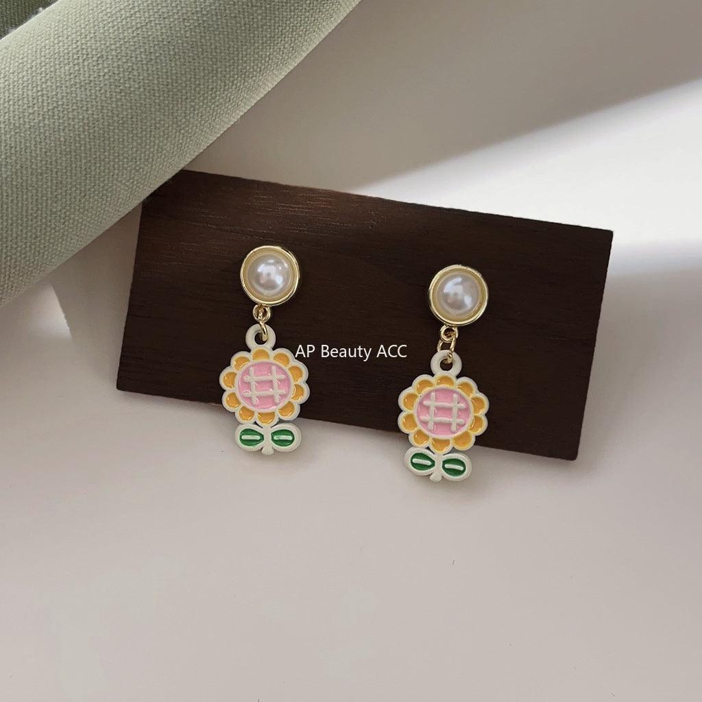 C관 - 봄 여름 청순한 해바라기 꽃 드롭 오일 코팅 14K 도금 은침 귀걸이 [3651] 24.03-4