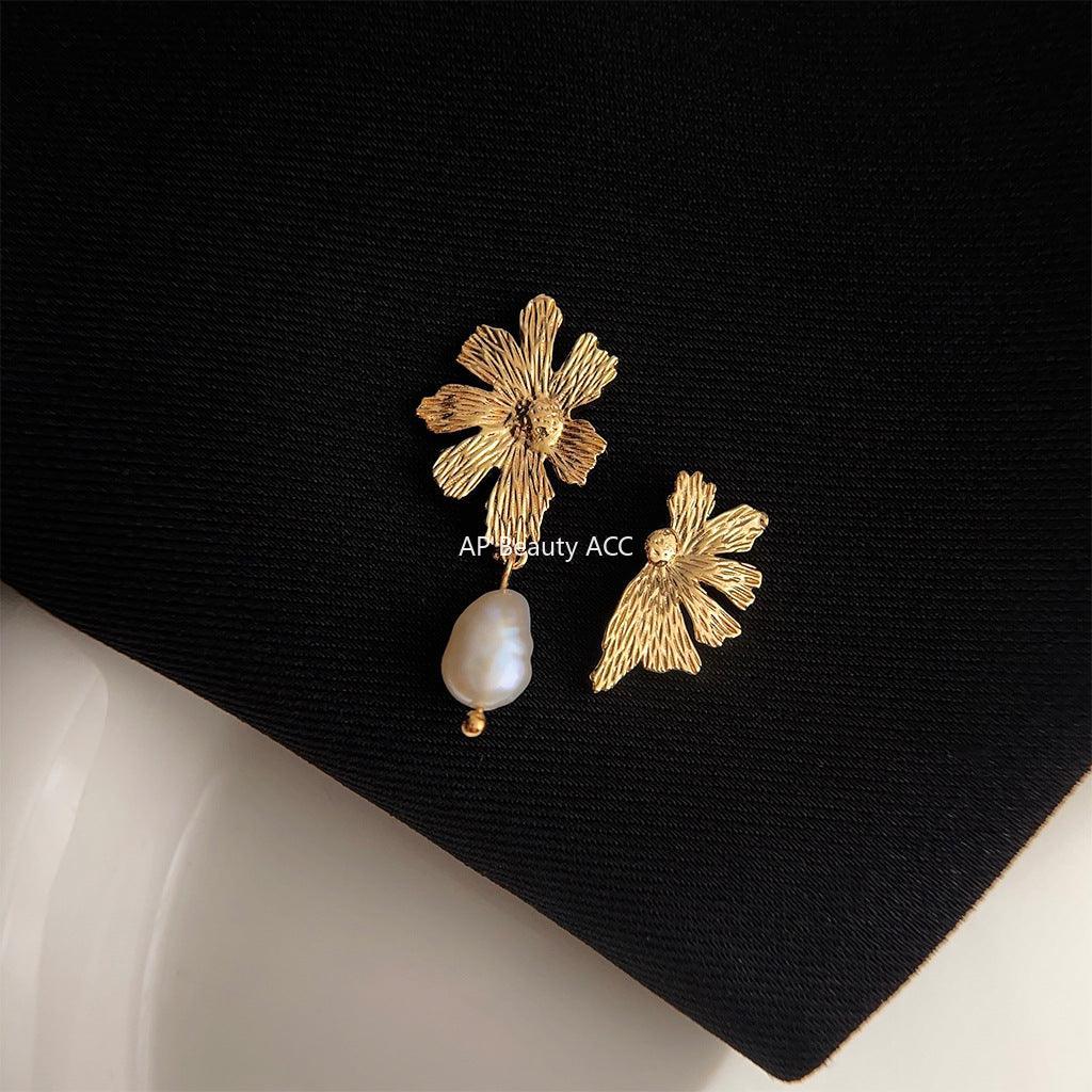 C관 - 14K 도금 프렌치 복고풍 비정형 담수 진주 꽃 은침 귀걸이 [3685] 24.03-4
