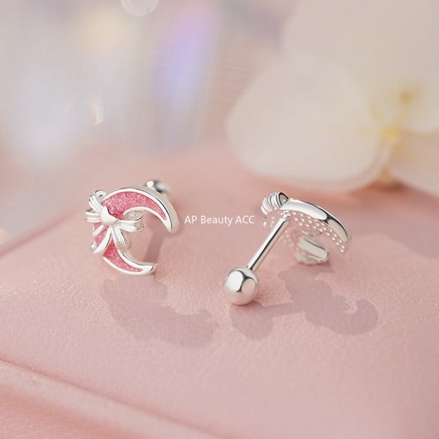 B관 - 999 실버 핑크 달 리본 피어싱 귀걸이 [YC6344E_1] 25.11-1