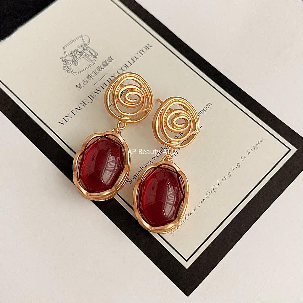 C관 - 14K 도금 홍콩 스타일 빈티지 와인 레드 타원형 에나멜 귀걸이 [3638] 24.03-4