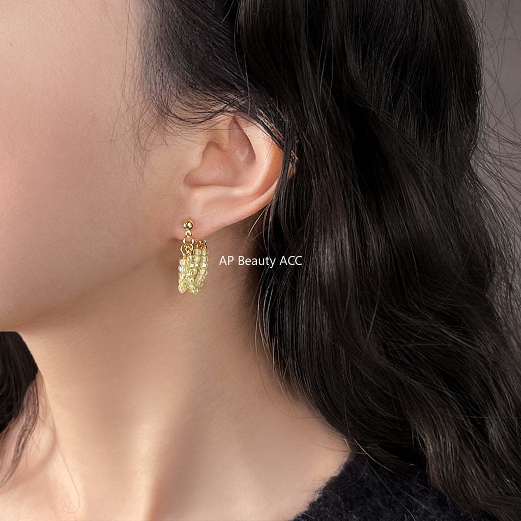 C관 - 베이지 글래스 크리스탈 핸드메이드 은침 귀걸이 [5471] 25.02-3