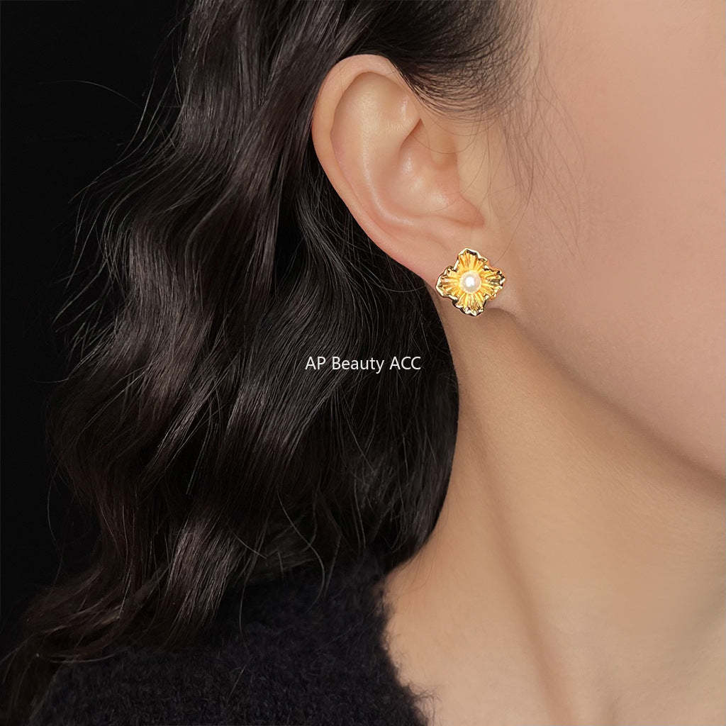 C관 - 14K 도금 925 은침 담수 진주 플라워 귀걸이 [5594] 25.02-3