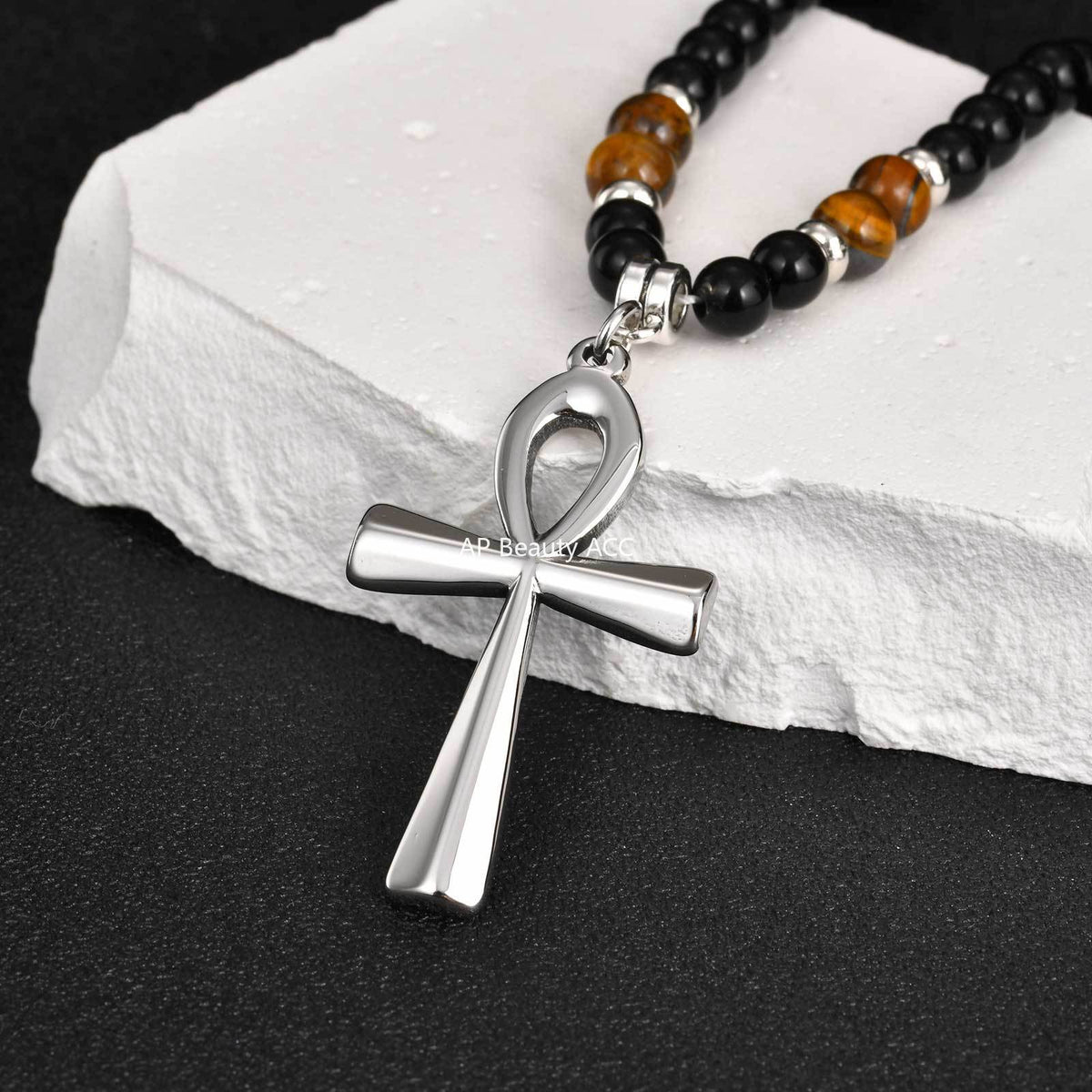 G관 - 스테인리스 스틸 십자가 펜던트 아크릴 호안석 비즈 목걸이 [NC-1700] 25.12-2